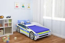 ACMA Jugendbett Kinderbett Auto-Bett Junior Cars Bett Komplett-Set Mit Matratze, Lattenrost Und Rausfallschutz 160x80 Cm - Polizei -1
