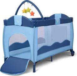 COSTWAY Reisebett Klappbar Babyreisebett Kinderreisebett Mit Rollen Babybett Kinderbett Inkl. Spielbogen Tragetasche Wickelauflage Blau -Kinderbett Geschäft d4f5718e245c11d540980f718fe3a5d4
