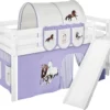 Spielbett JELLE 90 X 200 Cm Pferde Lila Beige - Hochbett LILOKIDS - Weiß - Mit Schräger Rutsche Und Vorhang -Kinderbett Geschäft d5532916bd034660bfb0603738fd20c5