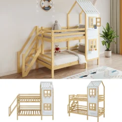Merax Etagenbett 90x200cm Kinderbett Mit Leiter, Fallschutz Und Lattenrost, Hochbett Stockbett Kiefer Holzbett Hausbett Mit Dach Und Fenster, Weiß/Natur -Kinderbett Geschäft d5997300600c6201032c1ba7624feb40