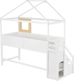 Merax Kinderbett 90x200cm Mit Rausfallschutz Und Lattenrost, Treppe Und 3 Schubladen, Fenster Und Tafel, Massivholz Etagenbett Hochbett, Weiß -Kinderbett Geschäft d5af85c7b82eb04f4a2b2c119b423208