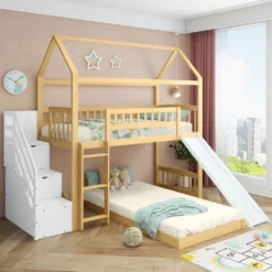 Merax Etagenbett 90x200cm Kinderbett Mit Rutsche, Treppe Mit Stauraum, Fallschutz Und Handlauf, Hausbett Aus Massivholz In Natur Und Weiß, 2 Einzelbetten Stockbett Für Kinderzimmer -Kinderbett Geschäft d66bc5298fb7da80c691ac7f18cefbbe