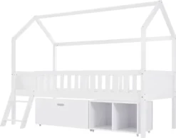 Merax Kinderbett Hausbett 90x200cm Jugendbett Mit Schubladen, Ablagefächern Und Leiter, Rausfallschutz Und Dachgestaltung, Weiß -Kinderbett Geschäft dbf1f66fab1d6142652f8cbd6368e834