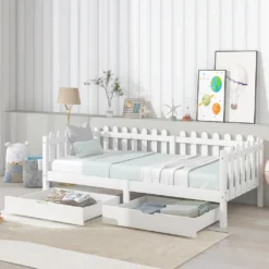 Merax Kinderbett 90x200 Cm Tagesbett Einzelbett Mit Zäune Und 2 Schubladen Auf Rollen, Kiefernholz Lattenrost Hausbett, Weiß
