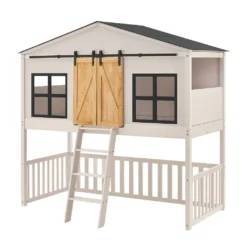 Juskys Kinderbett Farmhaus 90 X 200 Cm Mit Treppe, Dach & Fenster – Hochbett Rosa Für Kinder – Lattenrost Bis 150 Kg – Hausbett Aus Massivholz
