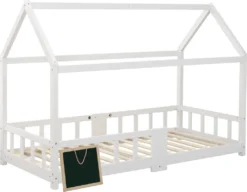 Merax Kinderbett 90 X 200 Cm Hausbett Mit Tafel Und Rausfallschutz, Lattenrost Und Zaun, Einzelbett Für Mädchen Und Jungen Kinderbetten Aus Massivem Kiefernholz, Weiß -Kinderbett Geschäft de31b723a859ca04cefa2896d2b8aeb6