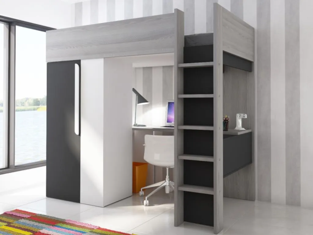 Hochbett Mit Schreibtisch & Kleiderschrank - 90 X 200 Cm - Anthrazit & Weiß - NICOLAS II 4 Hochbett Mit Schreibtisch & Kleiderschrank - 90 X 200 Cm - Anthrazit & Weiß - NICOLAS II – Bild 2
