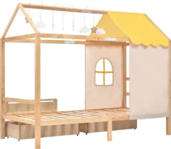 Merax Kinderbett 90x200 Cm Kieferholzbett Mit Schubladen Und Lattenrost, Hausbett Mit Dach Und Wolken- Und Sternanhänger, Massivholz Kinderhaus Für Jungen & Mädchen, Natur -Kinderbett Geschäft e125f129ff535c048c68925643f5ae59