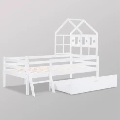 Merax Kinderbett Miki Hochbett Mit Leiter Und Schubladen, Inkl. Lattenrost Und Rausfallschutz, Hausbett 160x80cm Kinderhaus Jugendbett Spielbett Aus Massivholz, Weiß -Kinderbett Geschäft e620451647513ad9e0dd4d95aa0f7b98