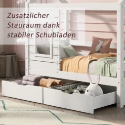 Merax Kinderbett Hausbett Mit Rausfallschutz Und Schubladen, Massivholz Spielbett 160x80 Cm Babybett Mit Lattenrost Und Fenster, Weiß -Kinderbett Geschäft e69688f2844c35aebf1a3441f36643e3