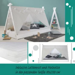 Homestyle4u 2084, Kinderbett Mit Matratze TIPI 90x200 Jugendbett Weiß Grau Holzbett Kinderzimmer Stoff -Kinderbett Geschäft e6f6667d3a0bbeaba2f506e603c7af02