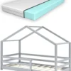 Kinderbett Mit Matratze Und Rausfallschutz 80x160cm Hausbett Mit Kaltschaummatratze Bettenhaus Mit Lattenrost Kiefernholz Kleinkindbett Hellgrau [en.casa]