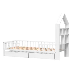 Merax Kinderbett 90x200cm Massivholz Einzelbett Mit Schubladen Und Lattenrost, Hausbett Mit Bücherregal Ablage Rausfallschutz, Weiß -Kinderbett Geschäft ebb58aca1afe8ceabf9e18cda44c5276