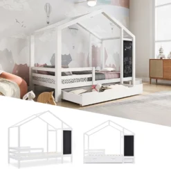 Merax Kinderbett Adele 90x200cm Hausbett Mit Tafel Und 2 Schubladen, Zaun Und Lattenrost, Spielbett Bett Kinderhaus Aus Massivholz, Weiß -Kinderbett Geschäft ed4265a0f28ee1ba0e6693bd67458dd4