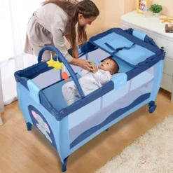 COSTWAY Reisebett Klappbar Babyreisebett Kinderreisebett Mit Rollen Babybett Kinderbett Inkl. Spielbogen Tragetasche Wickelauflage Blau -Kinderbett Geschäft ee8891cd48a69882c75dd50aa9e72e54