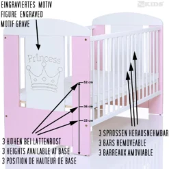 Gitterbett Mit Matratze & Kleiner Prinzessin Gravur 120x60cm | 3 Ausziehbare Sprossen | 3-Stufen-Verstellung | Kiefernholz | Für Mädchen Und Junge| Rosa -Kinderbett Geschäft f02cc8fc46e15f6219a1e18a2ca16b82