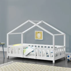 Kinderbett Treviolo Mit Rausfallschutz 80x160cm Hausbett Mit Lattenrost Und Gitter Bettenhaus Aus Holz Spielbett Weiß