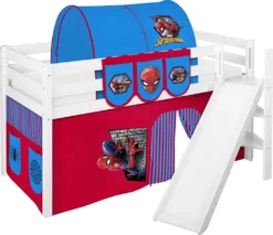Spielbett JELLE 90 X 200 Cm Spiderman - Hochbett LILOKIDS - Weiß - Mit Schräger Rutsche Und Vorhang
