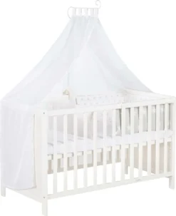 Roba Mulitfunktionsbett Sterne Grau Mit Beistellfunktion, Lattenrost, Matratze, Bettreduzierer, Himmel, Himmelstange, Kinderbett, Anstellbett, Babybett, Höhenverstellbar, Liegefläche 60x120 Cm, Weiß