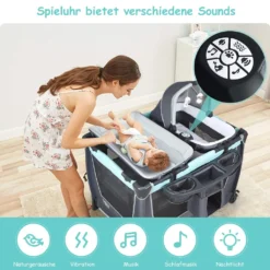 COSTWAY 4 In 1 Klappbares Reisebett & Wickeltisch & Laufstall & Babywiege Mit Schaukelfunktion, Inkl. Babykorb, Wickelauflage, Matratze, Spieluhr, Spielzeug, Aufbewahrungsregal Und Tragetasche Grau -Kinderbett Geschäft f69eed92187b2651a2c362ad9aef8fdc