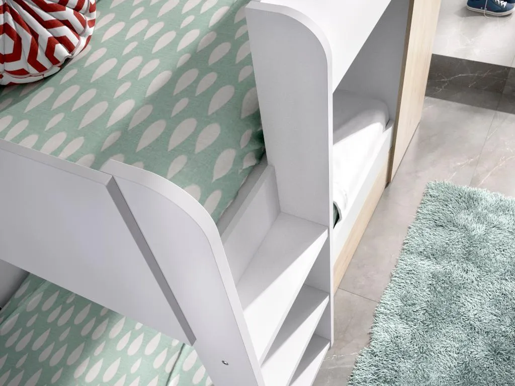 Etagenbett Ausziehbett Mit Stauraum + Matratzen - 3x 90 X 190 Cm - Weiß & Naturfarben - ANTHONY 3 Etagenbett Ausziehbett Mit Stauraum + Matratzen - 3x 90 X 190 Cm - Weiß & Naturfarben - ANTHONY