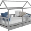 Hausbett NUNA Aus Massiver Kiefer, Montessori Bett In 90 X 200 Cm Mit Rausfallschutz, Spielbett Mit Schubladen, Modernes Kinderbett Mit Dach In Grau 1 Hausbett NUNA Aus Massiver Kiefer, Montessori Bett In 90 X 200 Cm Mit Rausfallschutz, Spielbett Mit Schubladen, Modernes Kinderbett Mit Dach In Grau -Kinderbett Geschäft fa427b7114cd34fb45b7cc0b3013b6d1