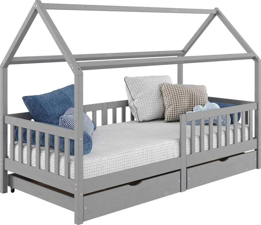 Hausbett NUNA Aus Massiver Kiefer, Montessori Bett In 90 X 200 Cm Mit Rausfallschutz, Spielbett Mit Schubladen, Modernes Kinderbett Mit Dach In Grau 3 Hausbett NUNA Aus Massiver Kiefer, Montessori Bett In 90 X 200 Cm Mit Rausfallschutz, Spielbett Mit Schubladen, Modernes Kinderbett Mit Dach In Grau
