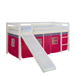 Homestyle4u 1545, Kinder Hochbett Mit Rutsche, Leiter, Vorhang Pink, Massivholz Kiefer Weiß, 90x200 Cm -Kinderbett Geschäft fba4feb4e076ab12397d819e03e677cd