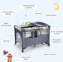 5 In 1 Babybett Mit Matratze, Reisebett Baby Mit Wickeltisch, Spieluhr Und Spielzeug, Laufstall | Beistellbett | Babyschaukel Für Baby Ab Geburt (Grau) -Kinderbett Geschäft fcd72b0952260189747e7edb177ab03d