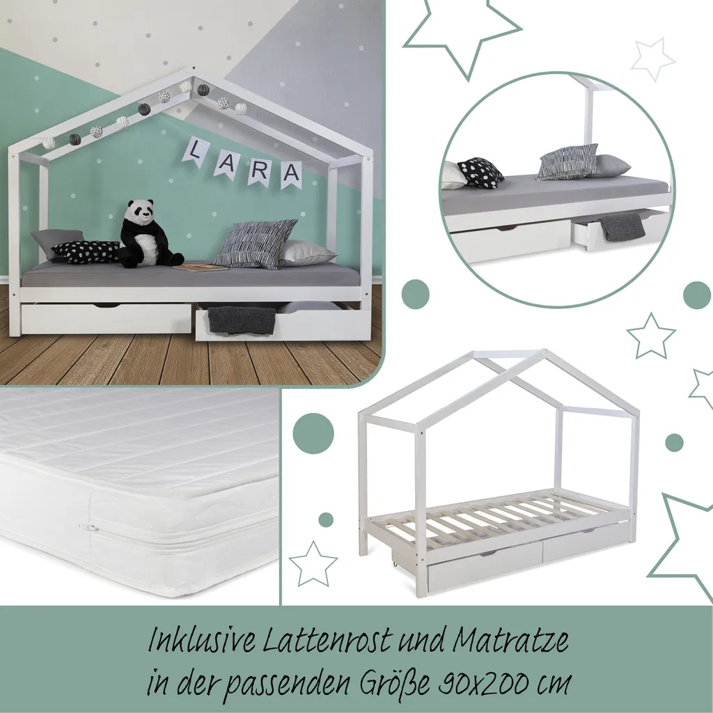 Homestyle4u 2075, Kinderbett Inklusive Matratze Hausbett 90x200 Cm Kinderhaus Spielbett Holzbett Weiß Bettkasten